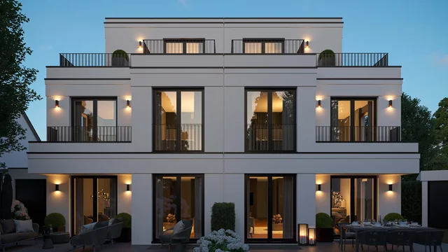 Architekturvisualisierung moderner Neubau am Gerlachweg in München bei Abendbeleuchtung