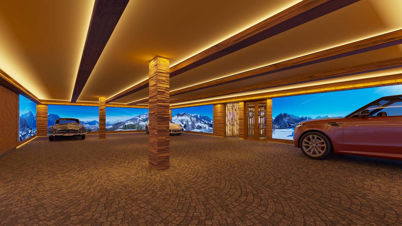 3D Innenraumvisualisierung einer luxuriösen Chalet-Garage mit Bergblick in Kitzbühel Österreich