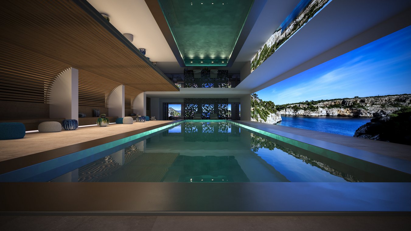 3D Visualization of the Blue Elements indoor swimming pool with panoramic coastal views and a modern lounge area