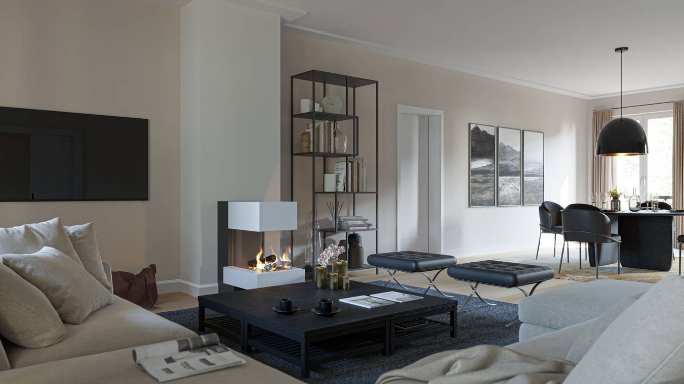 Innenraumvisualisierung eines modernen Wohnzimmers mit Kamin und offenem Wohnkonzept