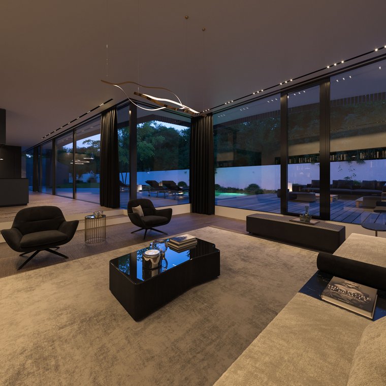 Architectural visualization Gardenstraße – modern residential building with clean lines, integrated outdoor lighting and stylish evening atmosphere.