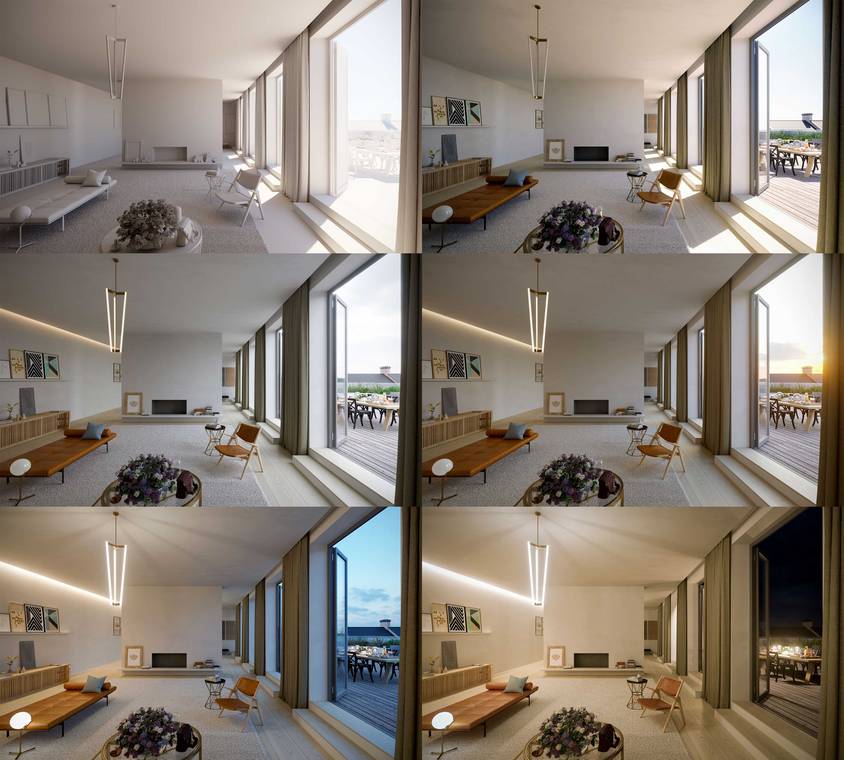 Architekturvisualisierung einer Lichtstudie für ein Penthaus in Berlin, die denselben Wohnraum in verschiedenen Tages- und Nachtlicht-Situationen zeigt.