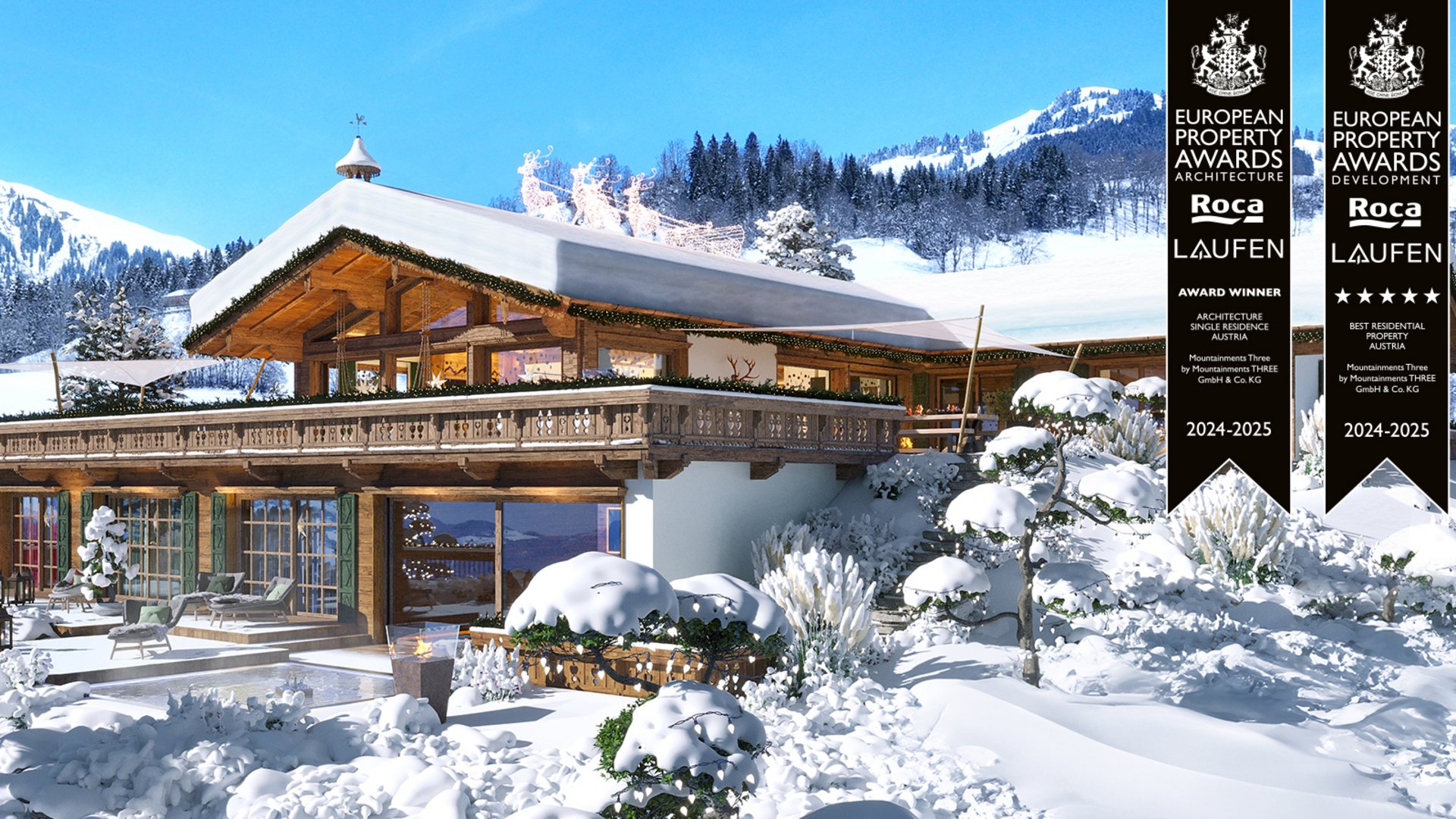 3D visualization of a traditional chalet in Kitzbühel, surrounded by snowy Alpine scenery, featuring wooden architecture and festive lighting – created by gmsvision. Winner of the 2024–2025 European Property Awards for Architecture and Residential Property in Austria.