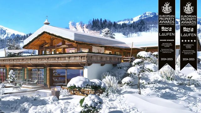 3D visualization of a traditional chalet in Kitzbühel, surrounded by snowy Alpine scenery, featuring wooden architecture and festive lighting – created by gmsvision. Winner of the 2024–2025 European Property Awards for Architecture and Residential Property in Austria.