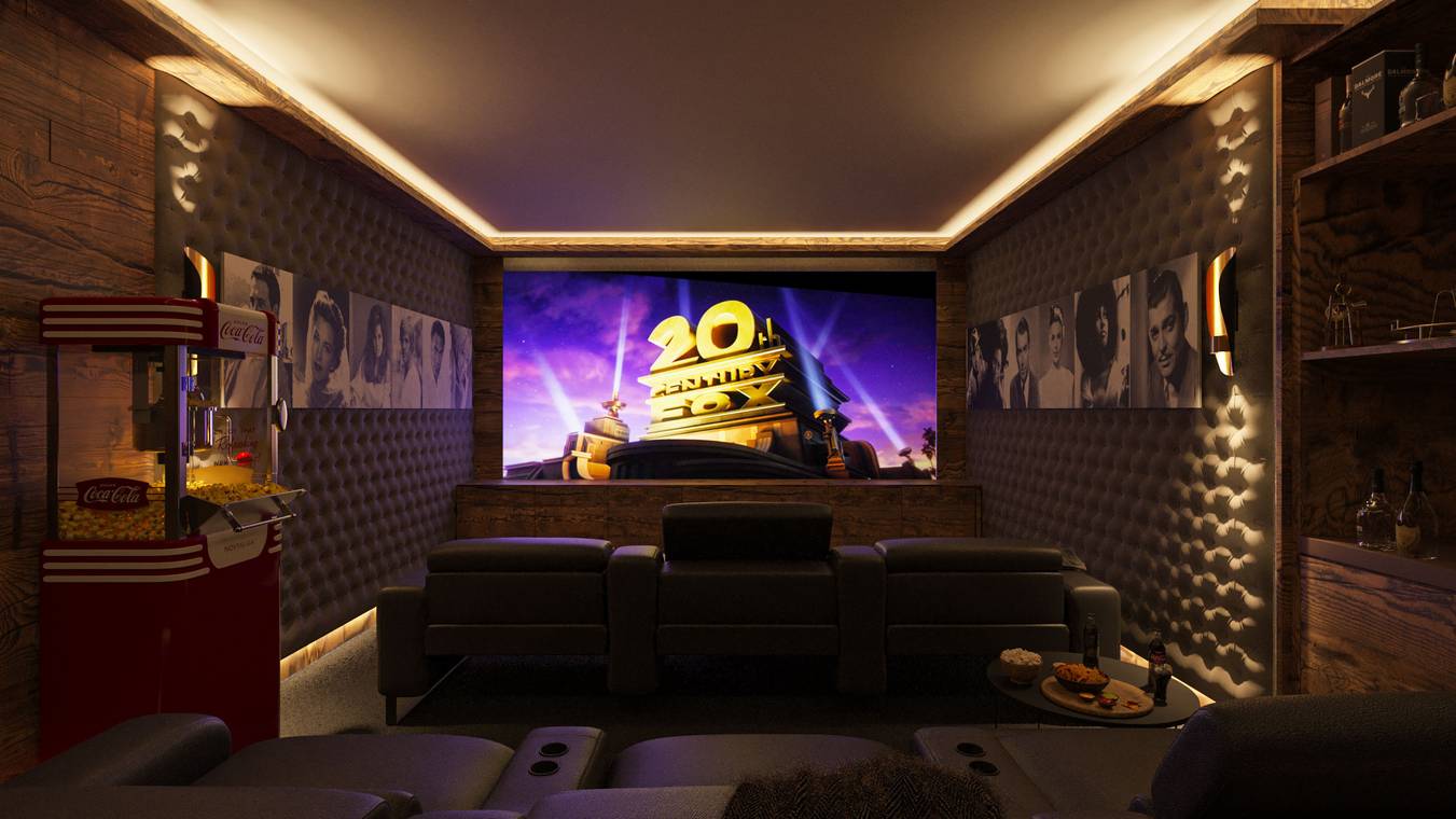 fotorealistisches 3D Rendering eines privaten Heimkinos in einer alpinen Luxusresidenz