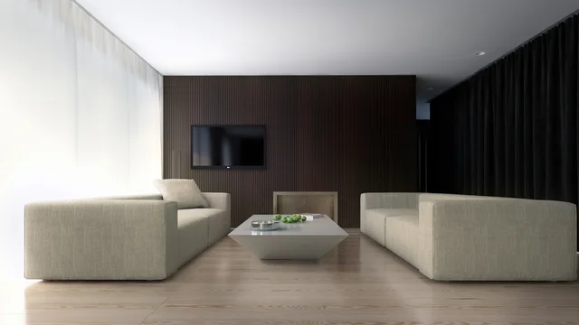 3d visualisierung von gmsvision zeigt ein minimalistisches Wohnzimmer in Berlin mit zwei beigefarbenen Sofas, einem modernen Couchtisch und einer dunklen Holzverkleidung mit Fernseher.