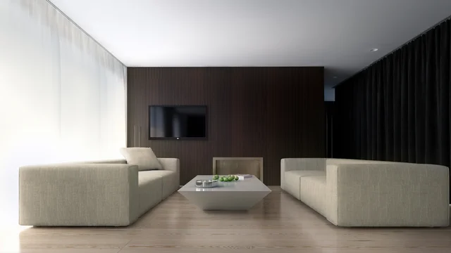 3D Visualization by gmsvision of a minimalist Berlin living room featuring two beige sofas, a sleek coffee table, and a dark wood wall with an integrated TV.