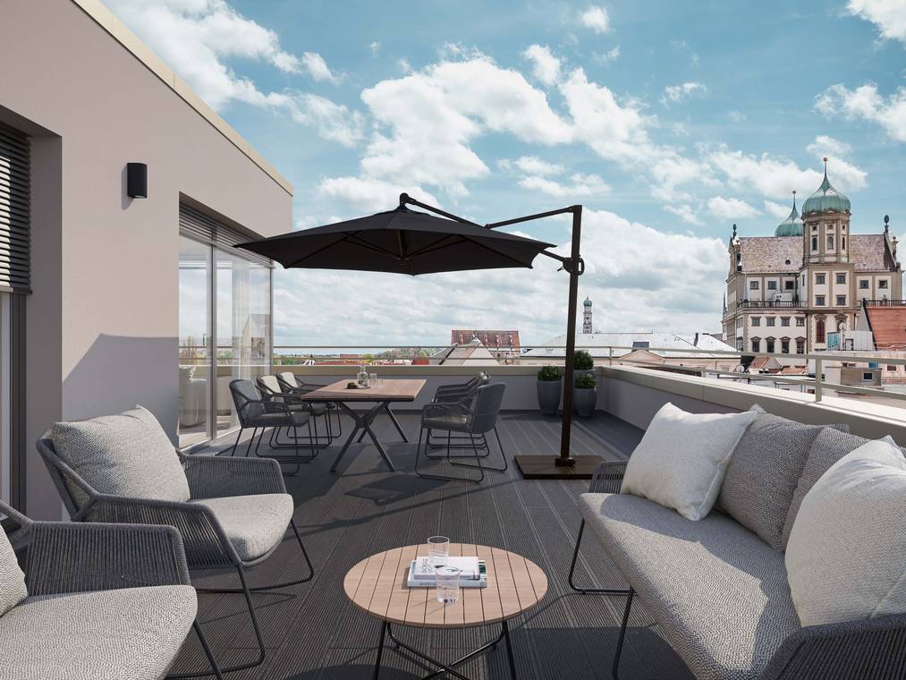 3D Architekturvisualisierung Dachterrasse in Augsburg – moderne Penthouse Terrasse mit Lounge-Möbeln und Blick auf das Rathaus