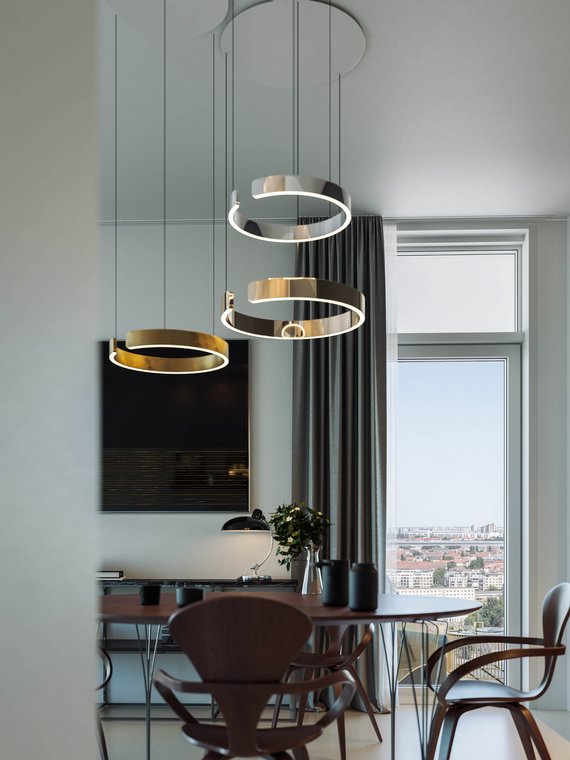 Detail view of a modern apartment in The Molecules Berlin with elegant circular ceiling lights, dark wooden table and city view through a large window, realistic 3D Visualization by gmsvision