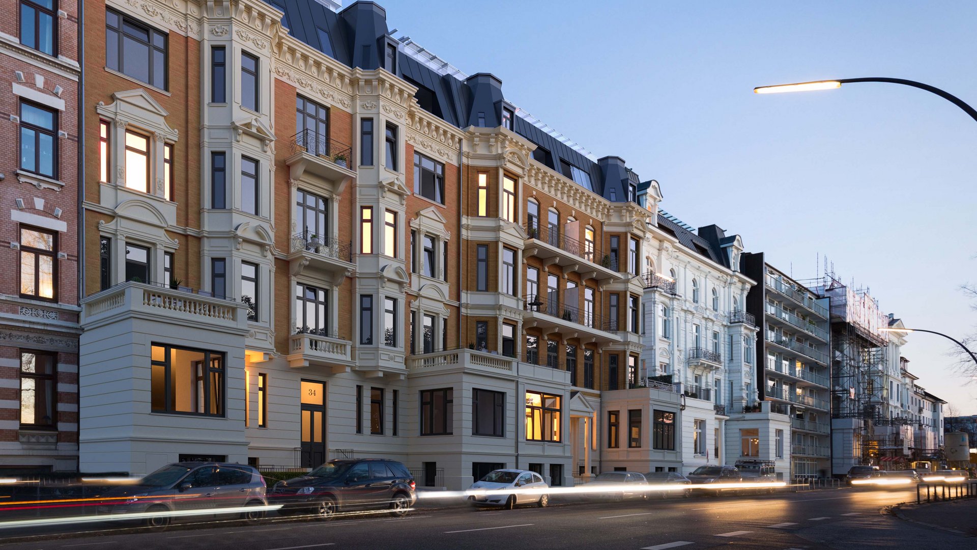 3D visualization of a historic Hamburg façade at Schwanewik in evening light, with illuminated windows and classical architecture.