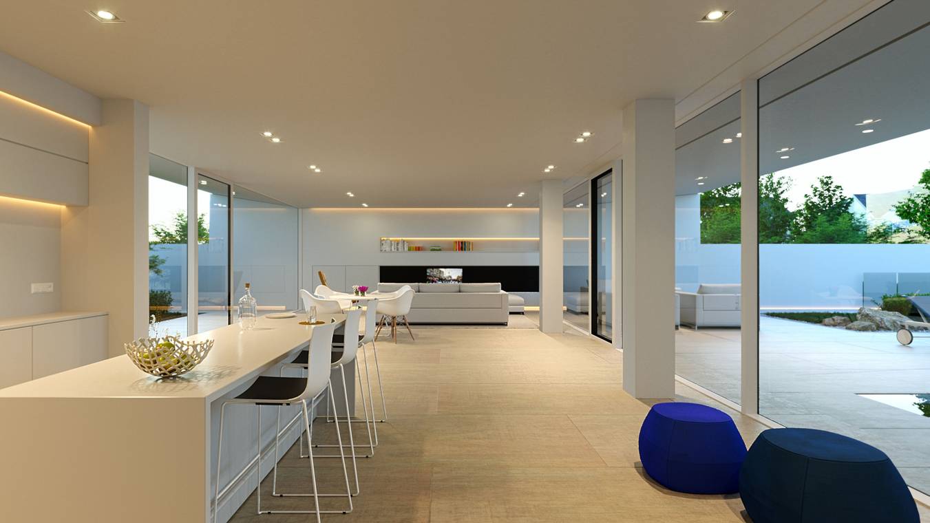 Innenraumvisualisierung einer modernen Villa mit offenem Wohnbereich und Gartenblick in Jesolo Lido