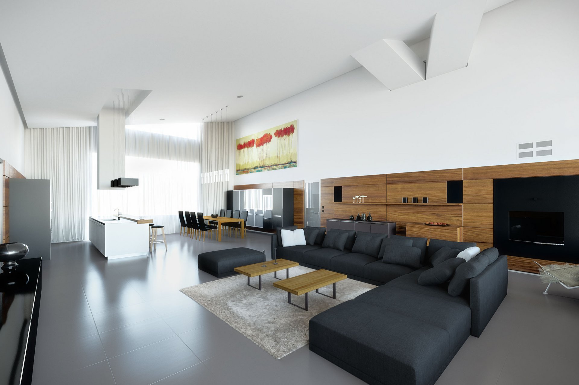 Architectural visualization of a luxury villa in Munich showcasing an open living area with a large gray sofa, wooden design elements, and a modern open kitchen in minimalist style.