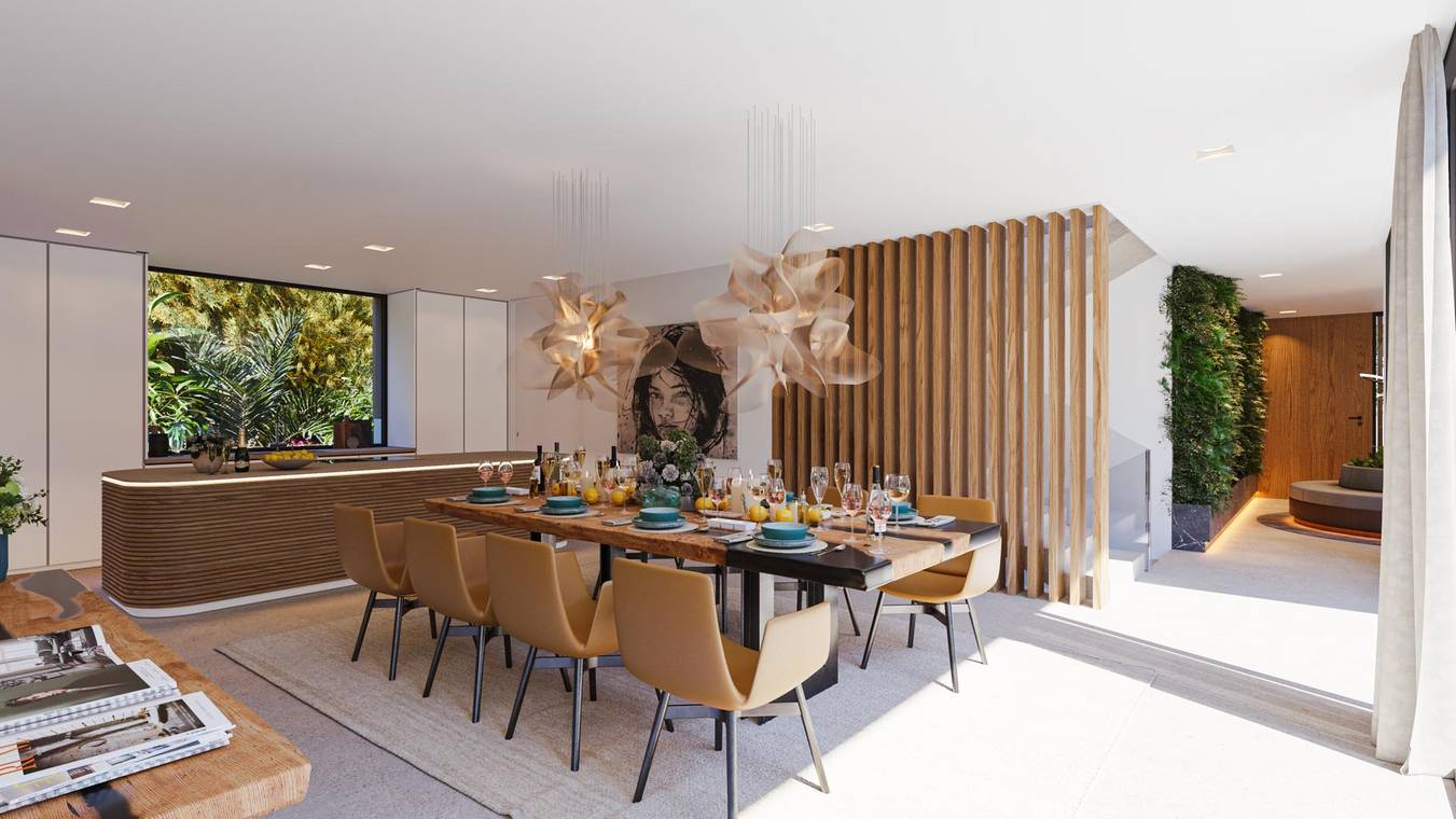 Innenraumvisualisierung Wohnzimmer Luxusvilla Mallorca mit Poolblick – CLARITY – gmsvision