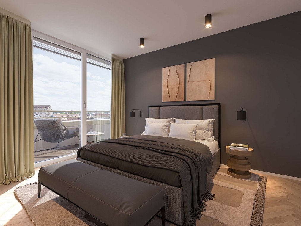 Interior visualization Leonsheart Augsburg – modern bedroom with balcony access, stylish bed and wall decor