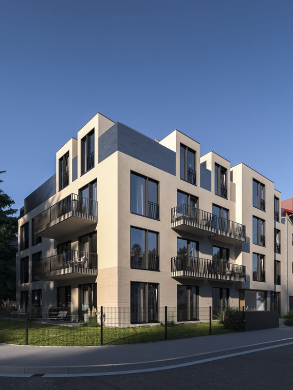 3D architectural visualization by gmsvision of a modern corner apartment building with large glass surfaces and balconies.