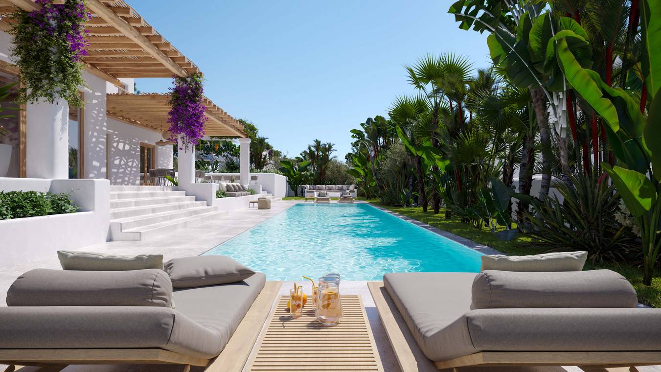 Frontansicht einer modernen mediterranen Luxusvilla mit Poolbereich – fotorealistische Architekturvisualisierung in Ibiza