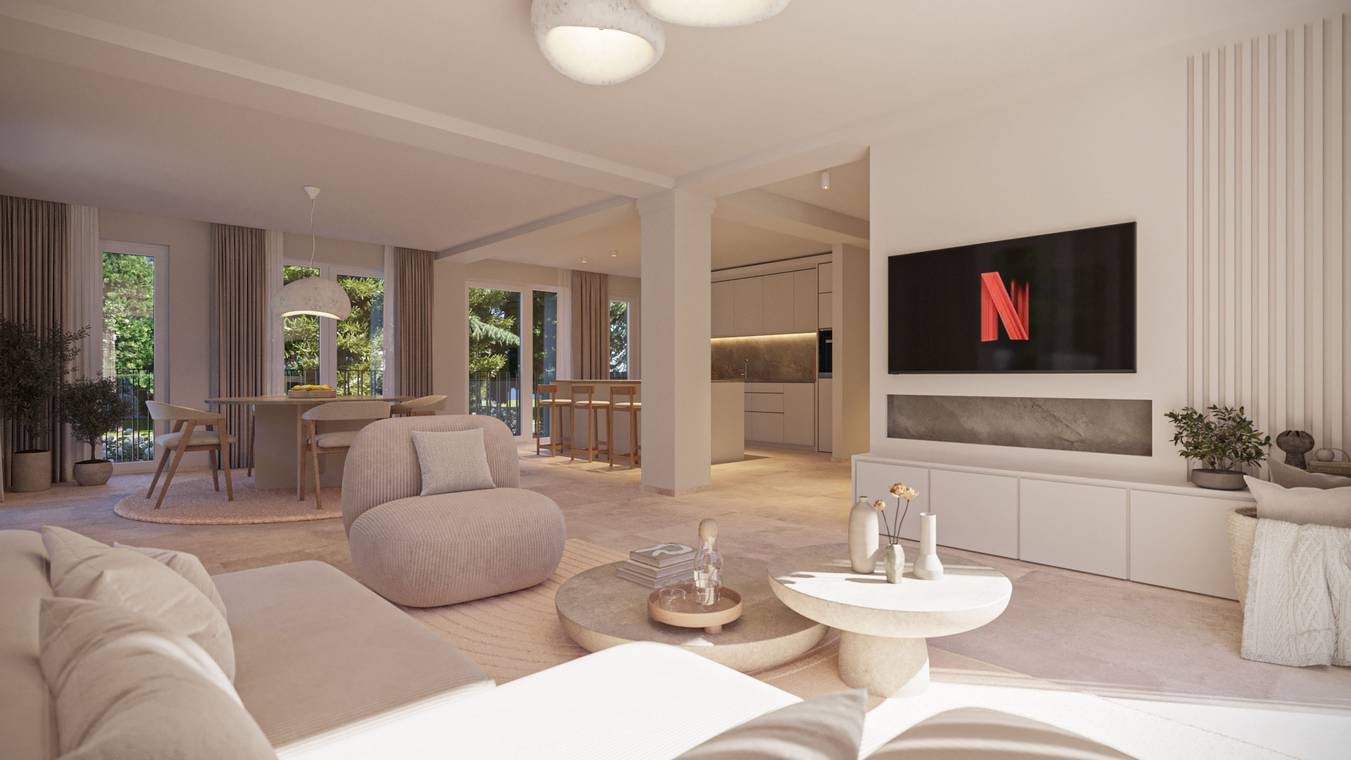 Innenraumvisualisierung eines modernen Wohnzimmers in einem Einfamilienhaus in Hannover