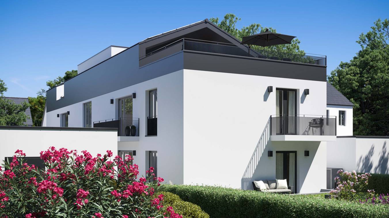 3D Architekturvisualisierung moderner Wohnhäuser mit klaren Linien, Balkonen und gepflegten Vorgärten, von gmsvision.