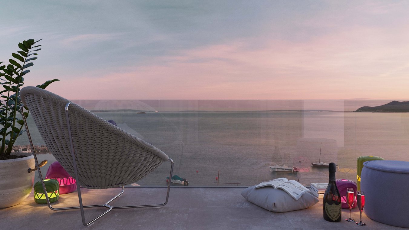 Wellnessbereich mit Liegen am Innenpool, Blick auf Wasserfall und Pflanzenwand, beeindruckende 3d visualisierung von gmsvision