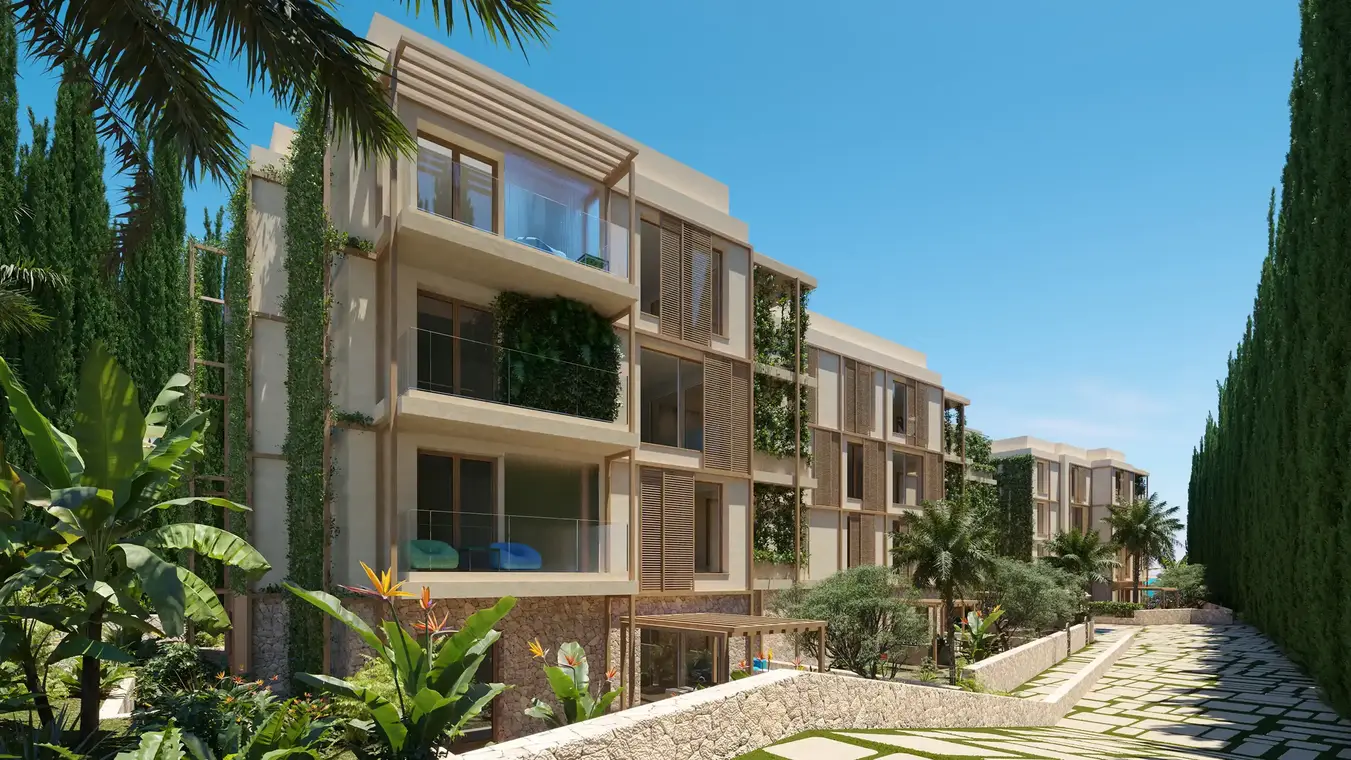 Architekturvisualisierung Außenansicht Seitenansicht mit Gartenanlage – ATLANTIS Ibiza