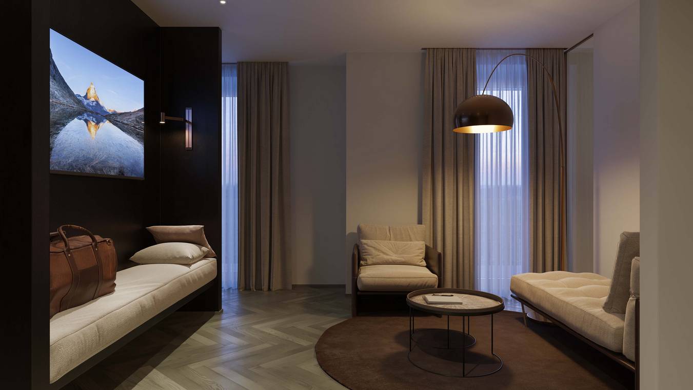 Architekturvisualisierung einer gemütlichen Hoteleinrichtung mit Sofa, Sesseln und moderner Stehlampe.