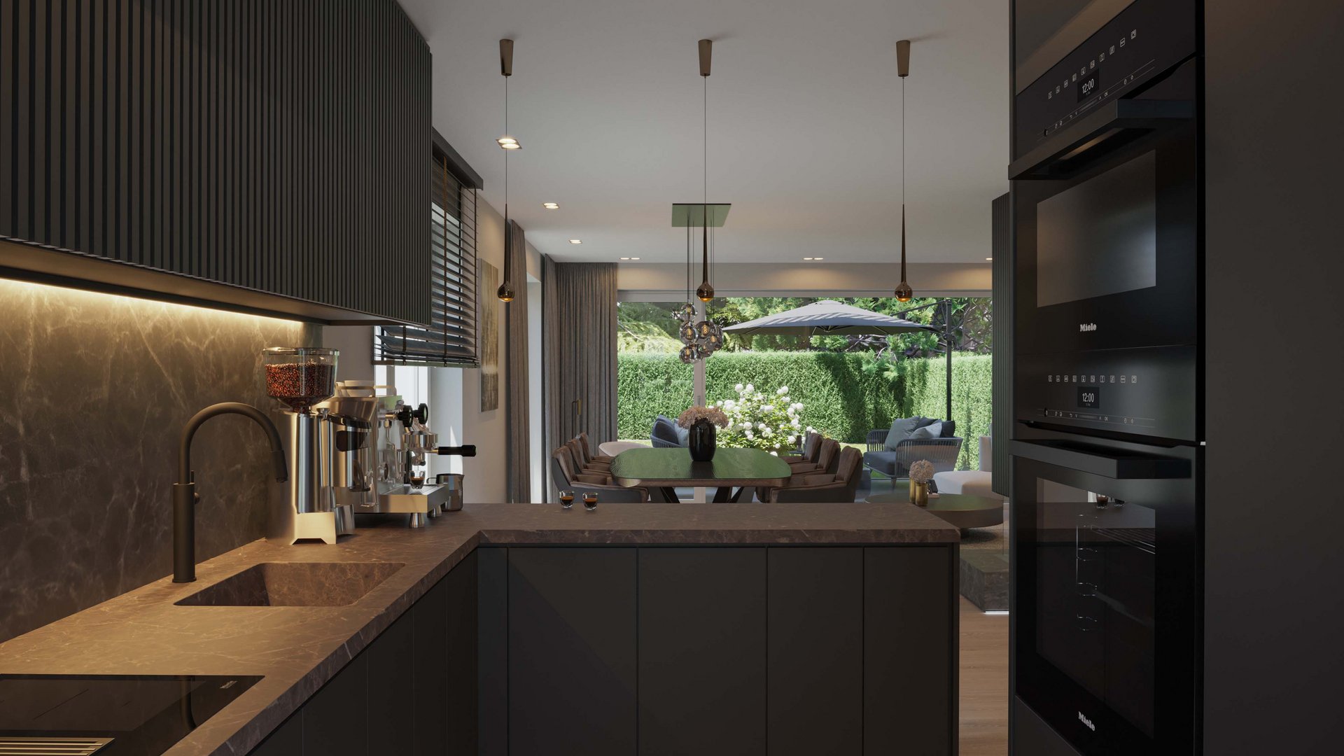 Moderne Küche mit dunklen Schränken, Marmor-Rückwand und Blick in den Garten, realistische 3d visualisierung von gmsvision