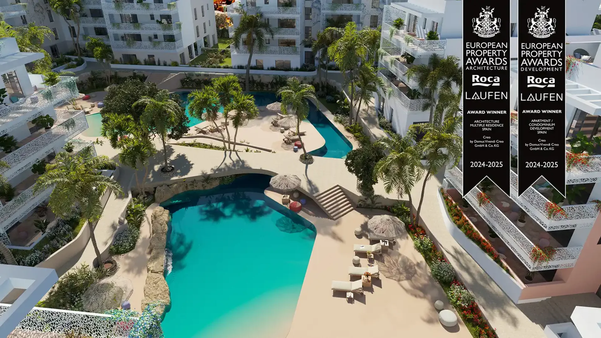 Architectural visualization of a modern luxury residential complex in Spain featuring an expansive pool area, tropical landscaping, and award-winning design – created by gmsvision. Winner of the 2024–2025 European Property Awards for Architecture and Residential Development.