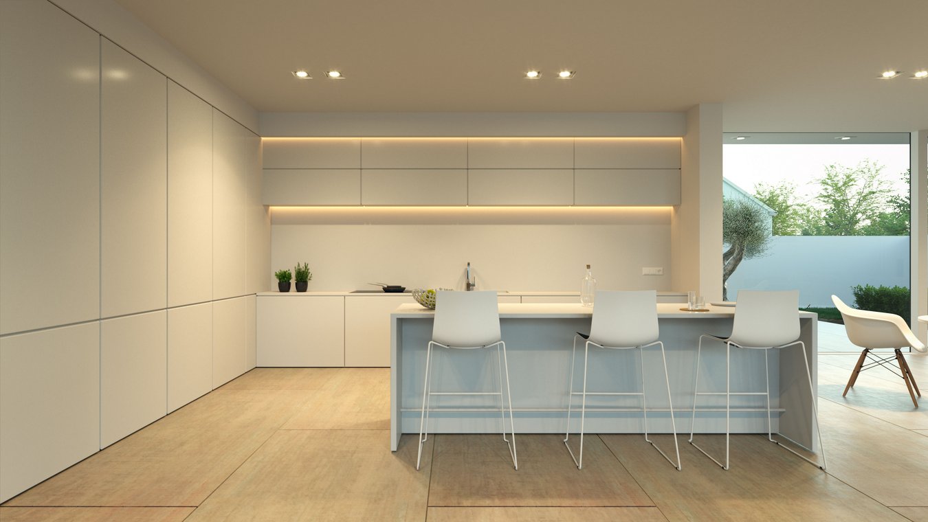 3D Visualization of a minimalist kitchen in Jesolo Lido, Italy, with a central island, clean lines, and integrated lighting.