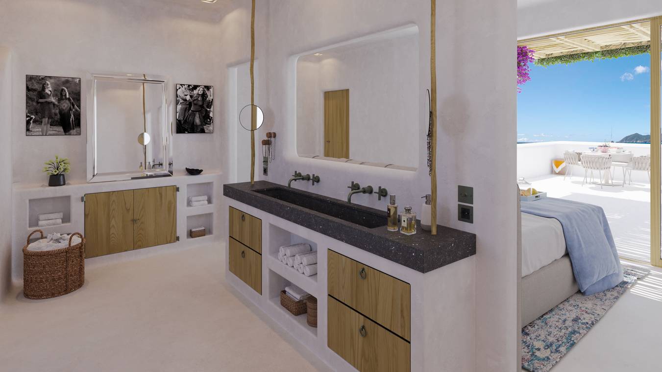 Luxuriöses Badezimmer mit Naturmaterialien in einer mediterranen Ibiza Villa – Interior Visualisierung