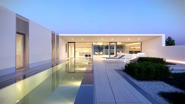 3D Visualization of a modern pool villa in Jesolo Lido, Italy, featuring a sleek infinity pool, minimalist architecture, and warm evening lighting.
