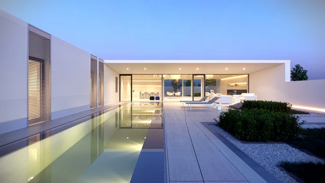 3d visualisierung einer modernen Pool Villa in Jesolo Lido, Italien, mit großem Infinity-Pool, minimalistischer Architektur und abendlicher Beleuchtung.
