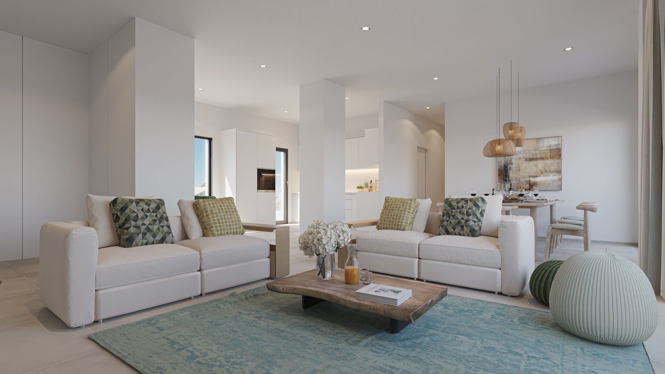 3D visualization of a modern living room in the CREO Ibiza complex, featuring two white sofas, a wooden coffee table, a turquoise rug, decorative cushions, and an open view to the dining area and kitchen