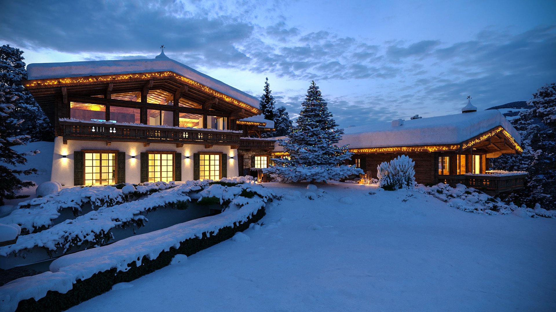 3D Visualization of a luxury alpine chalet in Kitzbühel, covered in snow and glowing with warm festive lights at dusk, created by gmsvision.