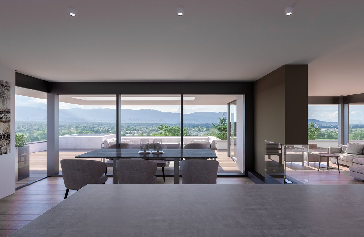 Photorealistic 3D Visualization of an open living and dining area in Vienna with panoramic windows, Alpine views, and modern interior design.