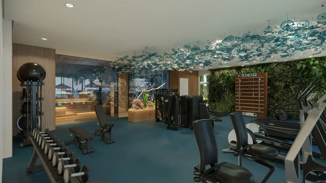 Innenraumvisualisierung Indoor Gym mit Aquarium und Meerblick – ATLANTIS Ibiza