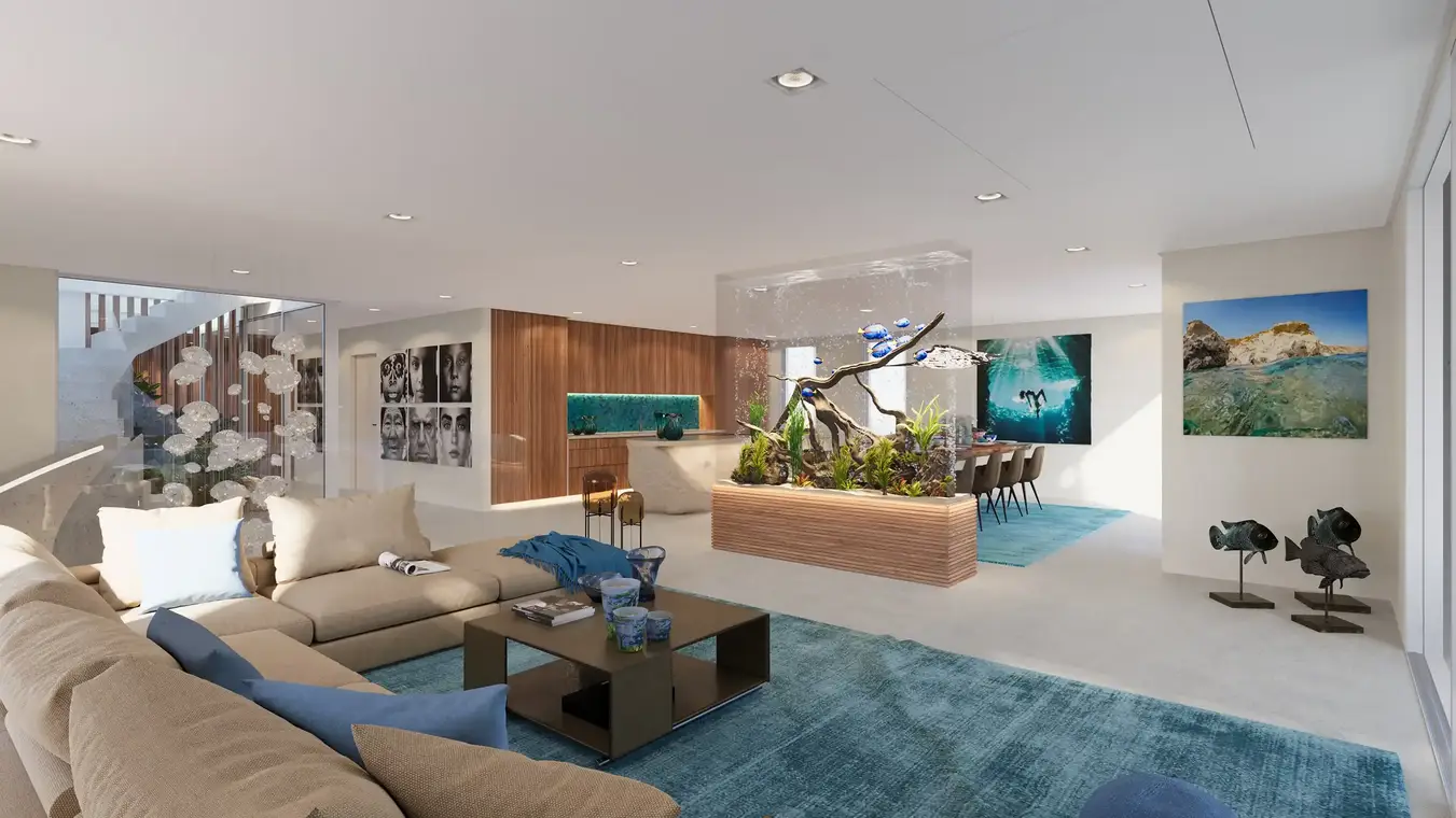Innenraumvisualisierung Penthouse Wohnbereich mit Aquarium – ATLANTIS Ibiza