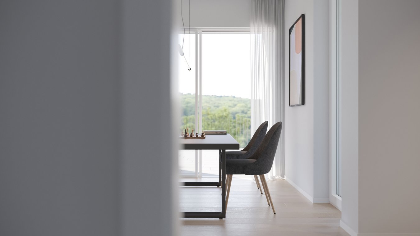 Minimalist dining area with modern chairs, natural light through large windows, elegant 3D Visualization by gmsvision