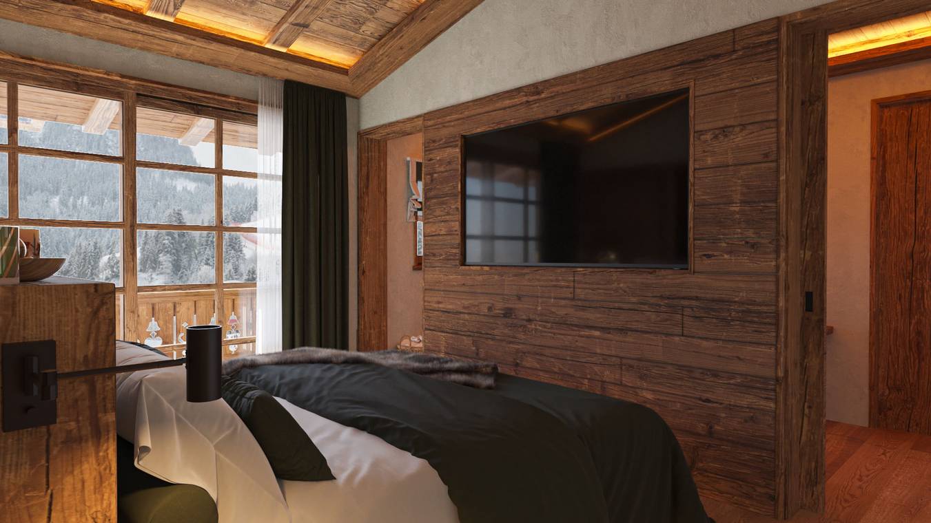 Innenraumvisualisierung einer luxuriösen Alpenresidenz in Kitzbühel Österreich