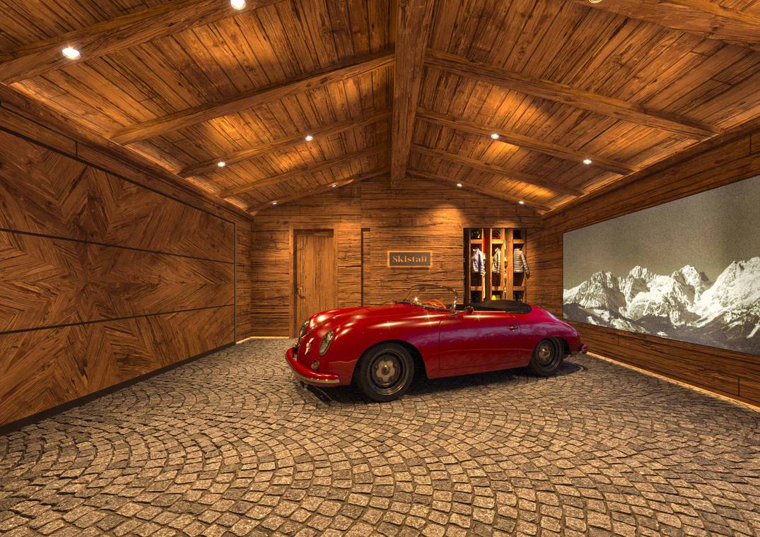 3D Architekturvisualisierung einer luxuriösen Chalet-Garage mit klassischem Sportwagen