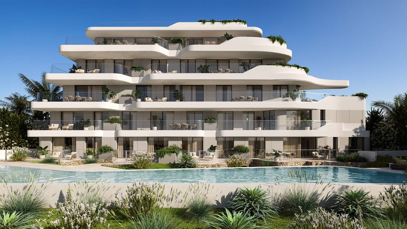 Moderne 3d visualisierung einer luxuriösen Wohnanlage auf Ibiza mit geschwungenen Balkonen, üppigen Pflanzen und Pool im Vordergrund.