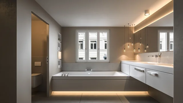 Architectural visualization of a modern bathroom in Frankfurt with a large bathtub, floor-to-ceiling windows, and stylish lighting – 3D visualization by gmsvision.