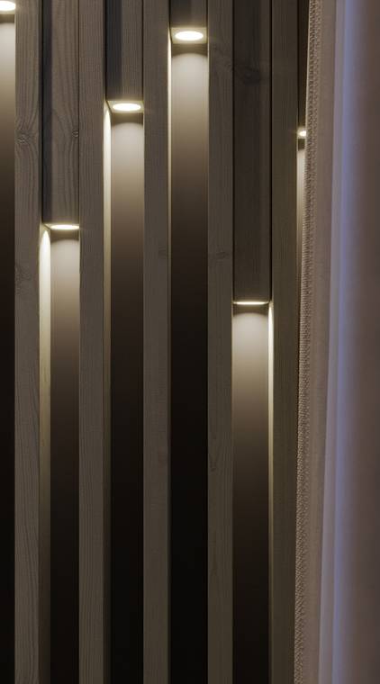 Produktvisualisierung dekorativer Holzlamellenwand mit sanfter Akzentbeleuchtung für stilvolles Raumdesign.