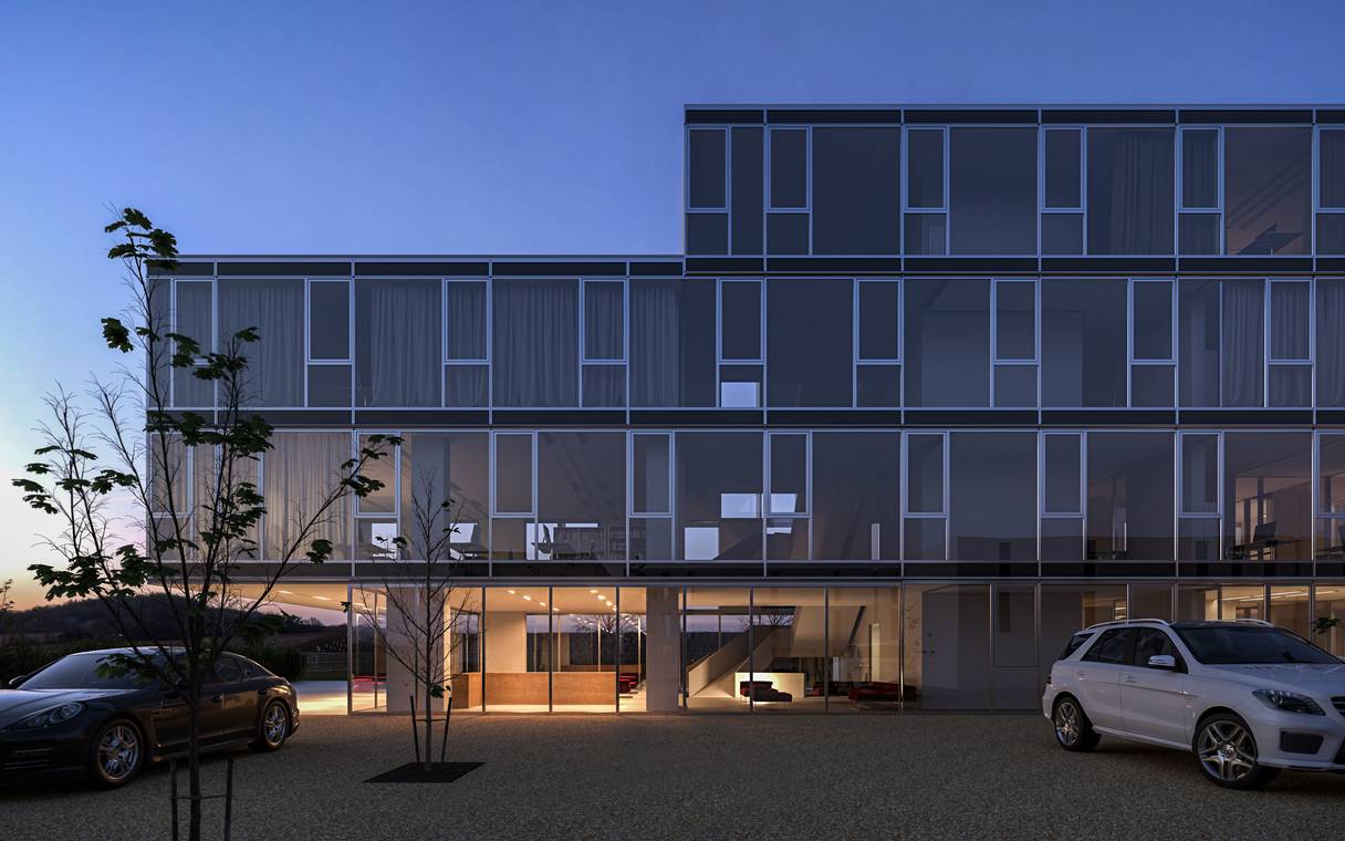 3D rendering of modern office building exterior with illuminated interior at night