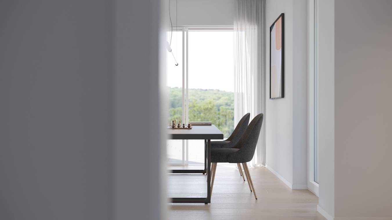 Minimalistischer Essbereich mit Blick ins Grüne – fotorealistische Innenraumvisualisierung einer Neubauwohnung