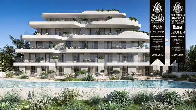 3D Architekturvisualisierung einer luxuriösen Wohnanlage mit geschwungenen Terrassen und Poolanlage auf Ibiza