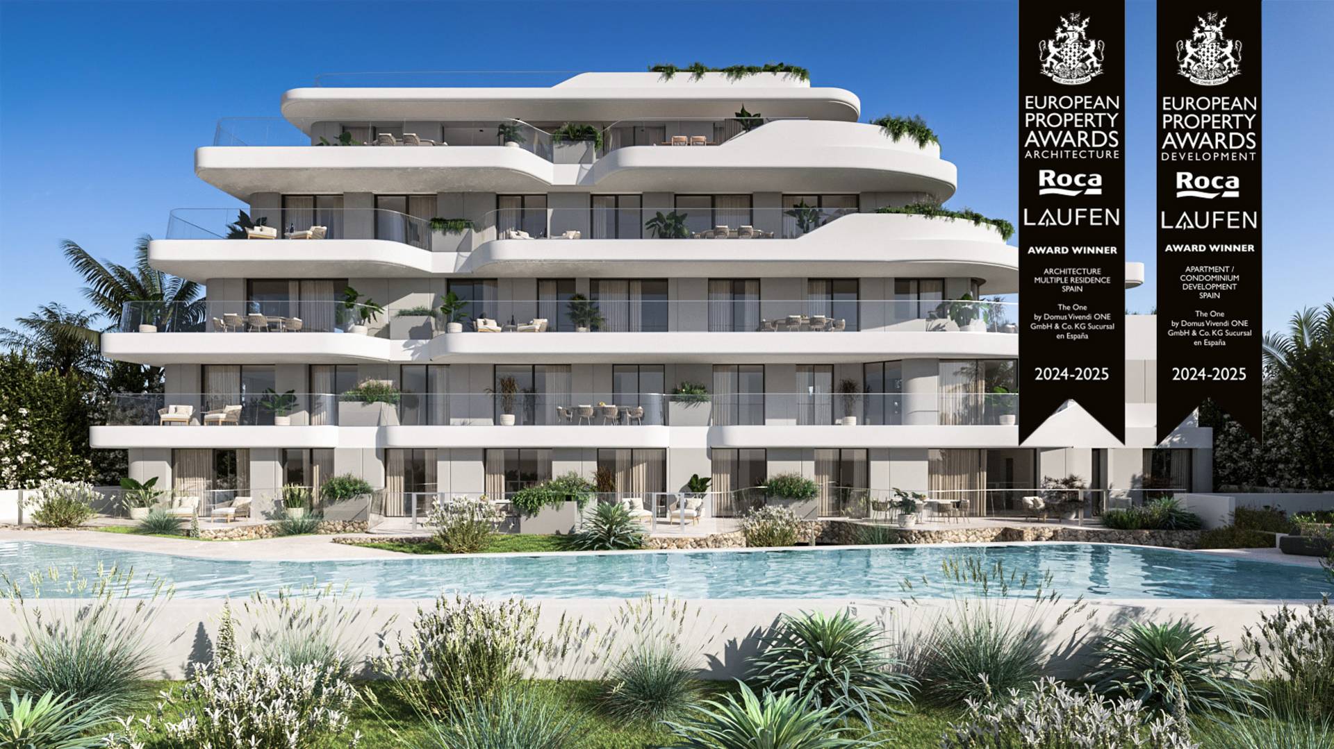 3D Architekturvisualisierung einer luxuriösen Wohnanlage mit geschwungenen Terrassen und Poolanlage auf Ibiza