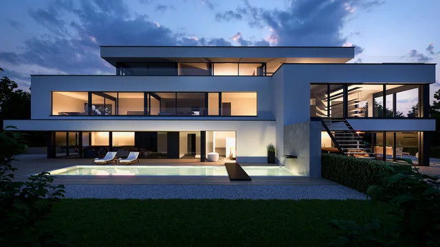 Evening 3D Visualization of a modern villa in Vienna with illuminated swimming pool, large glass facades, and clean cubic design.