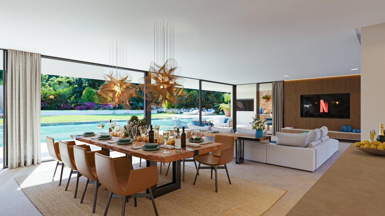 Innenraumvisualisierung Esszimmer Wohnbereich Luxusvilla Mallorca – CLARITY – gmsvision