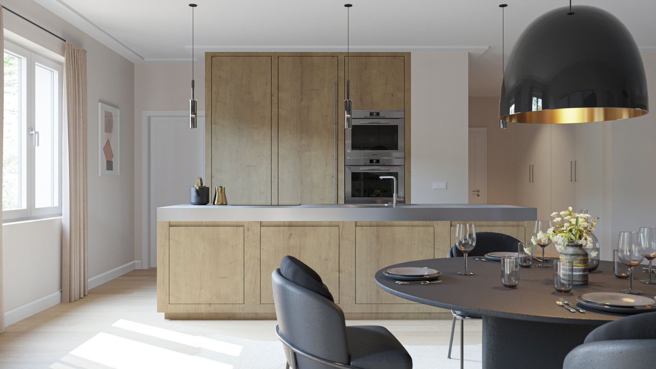 Architectural visualization of a stylish open kitchen in Hamburg, with wooden cabinets, modern dining table, and elegant lighting.