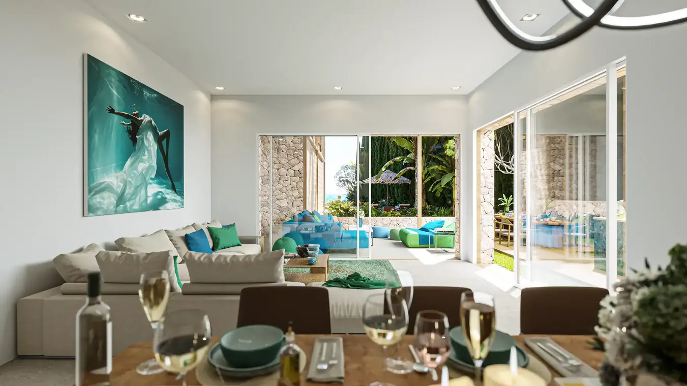 Innenraumvisualisierung Wohnbereich mit Blick auf Terrasse und Garten – ATLANTIS Ibiza